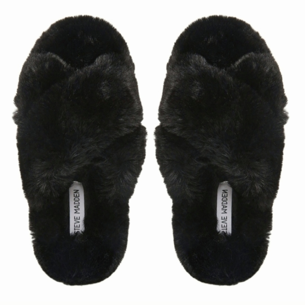 Steve Madden slippers furry black NWT